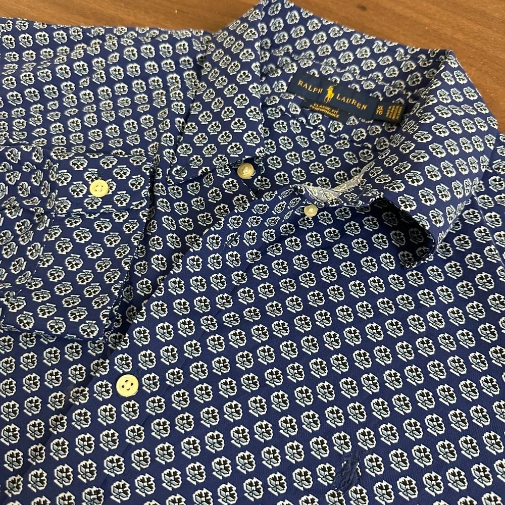 Ralph Lauren Classic Fit Performance Shirt Blue Geometric Button Down Mens XL